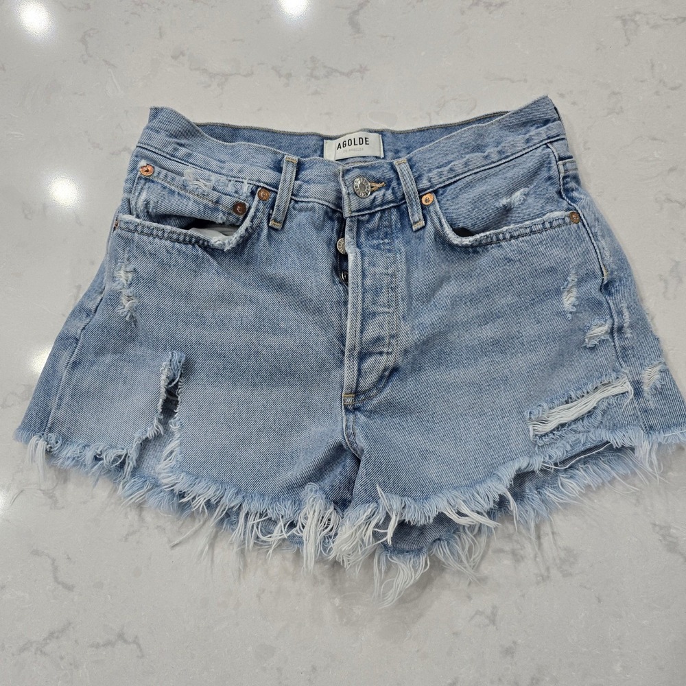 AGOLDE Parker Distressed Denim Shorts Light Wash Blue High Rise Size 25